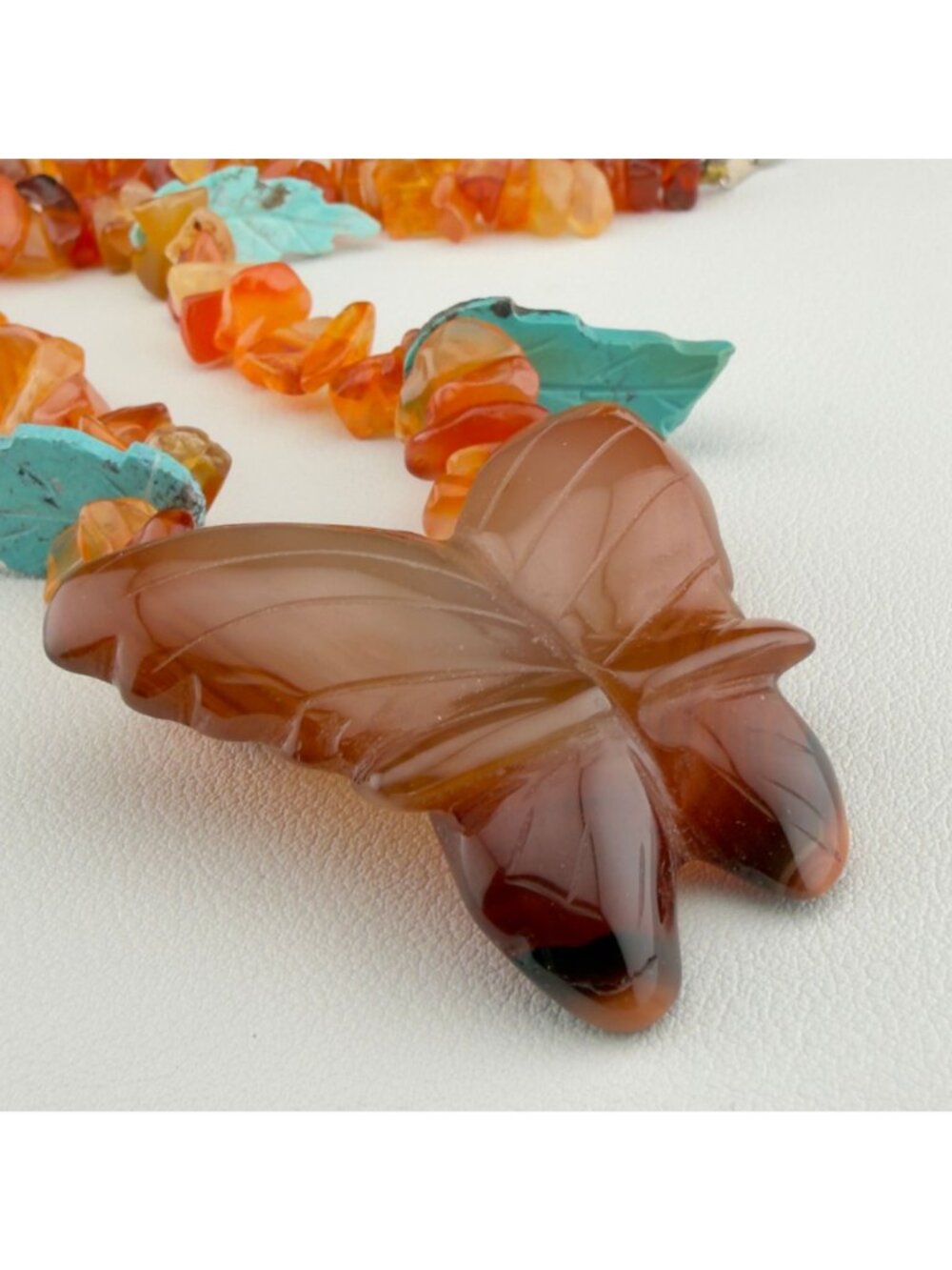Vintage Carved Butterfly Stone Chip Pendant Necklace Southwestern Boho Statement - Picture 3 of 12